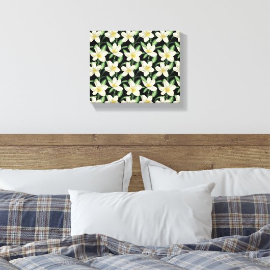 Tropisch naadloos patroon witte bloemen groen blad canvas afdruk (Insitu (Slaapkamer))