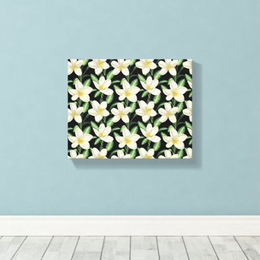 Tropisch naadloos patroon witte bloemen groen blad canvas afdruk (Insitu (Houten vloer))