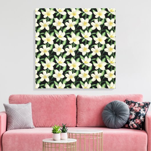Tropisch naadloos patroon witte bloemen groen blad canvas afdruk (Insitu (Woonkamer))