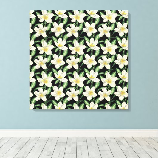 Tropisch naadloos patroon witte bloemen groen blad canvas afdruk (Insitu (Houten vloer))