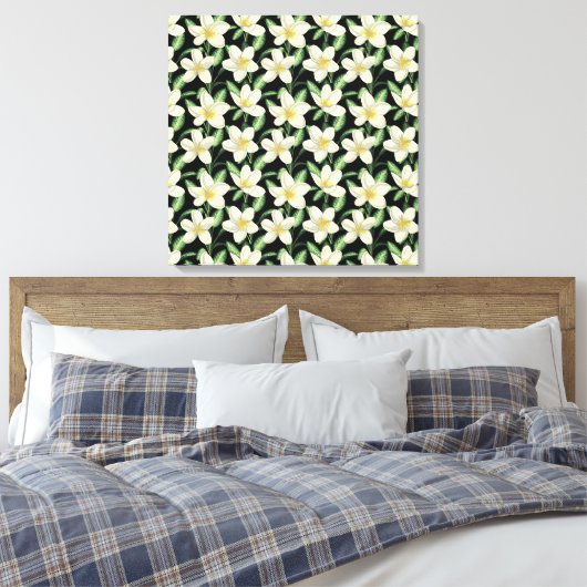 Tropisch naadloos patroon witte bloemen groen blad canvas afdruk (Insitu (Slaapkamer))