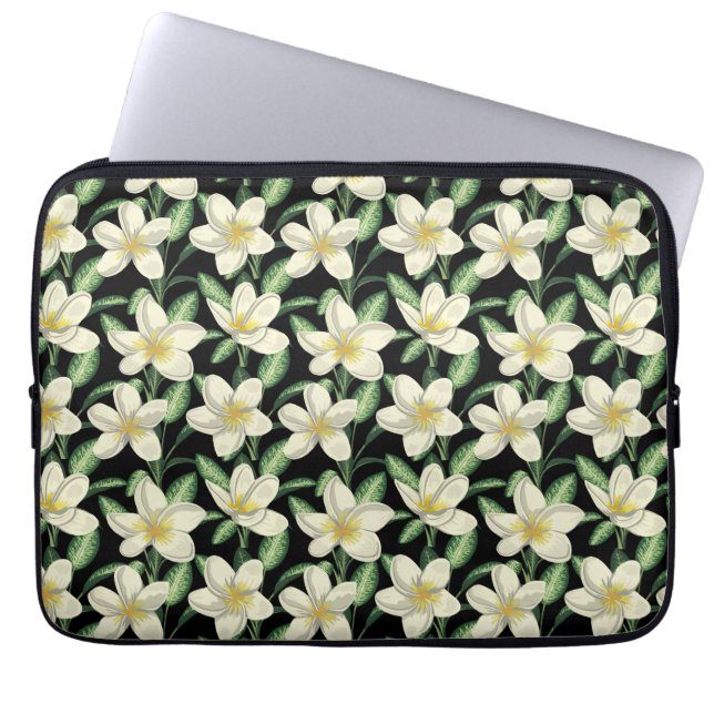 Tropisch naadloos patroon witte bloemen groen blad laptop sleeve (Voorkant)