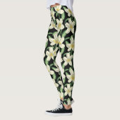 Tropisch naadloos patroon witte bloemen groen blad leggings (Links)