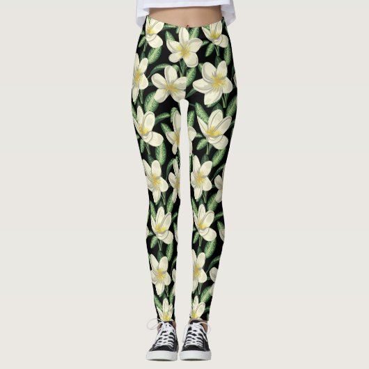Tropisch naadloos patroon witte bloemen groen blad leggings (Voorkant)