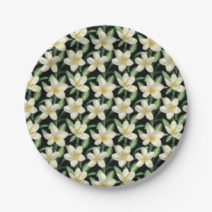 Tropisch naadloos patroon witte bloemen groen blad papieren bordje