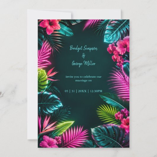 Tropisch Neon Botanisch Trouwparadijs Kaart (Voorkant)