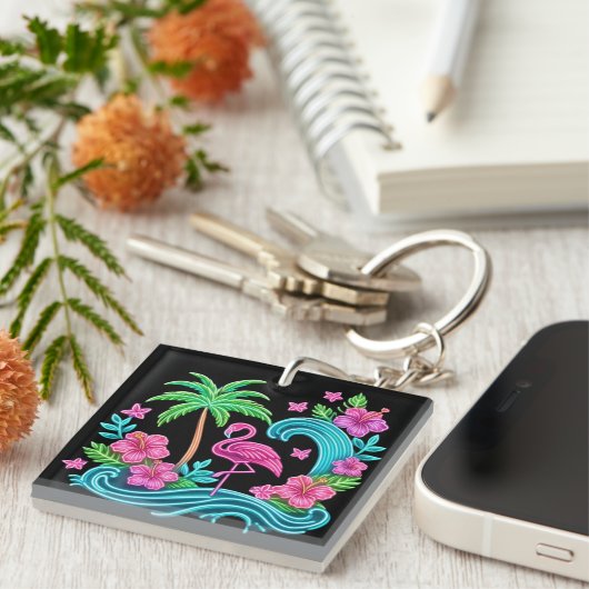 Tropisch Neon Flamingo Sleutelhanger (Voorkant Rechts)