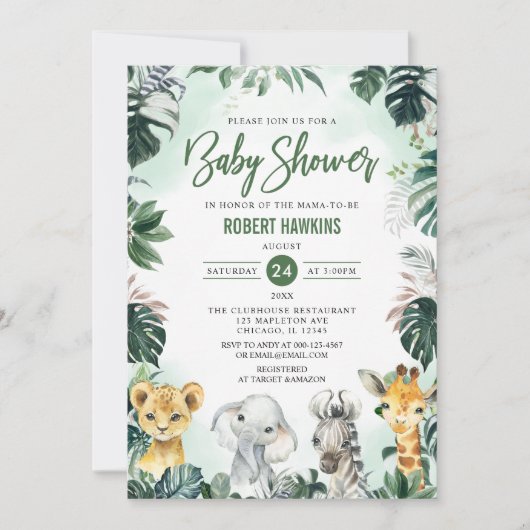 Tropisch Oerwoud Animal Safari Baby shower Kaart (Voorkant)