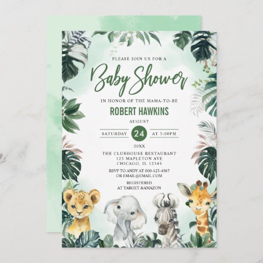 Tropisch Oerwoud Animal Safari Baby shower Kaart (Voorkant / Achterkant)