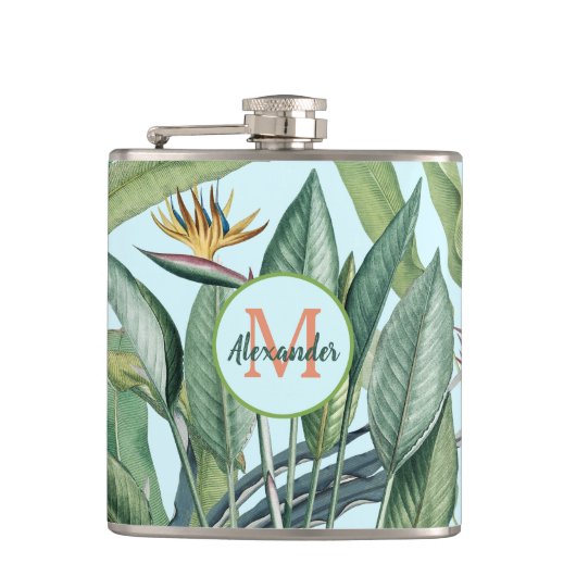 Tropisch Oerwoud Banana Tree Strelitzia Monogram Heupfles (Voorkant)