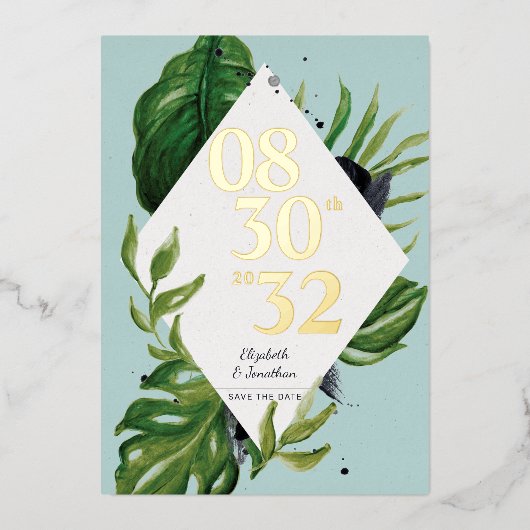 Tropisch oerwoud blauw modern blauw, behalve datum folie uitnodiging (Voorkant)