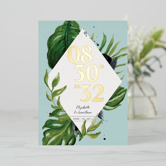 Tropisch oerwoud blauw modern blauw, behalve datum folie uitnodiging (Staand Voorkant)