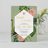 Tropisch oerwoud, bloem, moderne roze bloem en bla folie uitnodiging (Staand Voorkant)