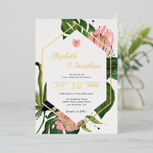 Tropisch oerwoud, bloem, moderne roze bloem en bla folie uitnodiging (Staand Voorkant)