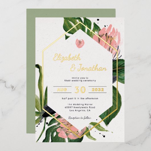 Tropisch oerwoud, bloem, moderne roze bloem en bla folie uitnodiging (Voorkant / Achterkant)