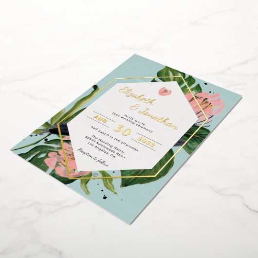 Tropisch oerwoud, bloem, moderne roze bloem en bla folie uitnodiging (Gedraaid)