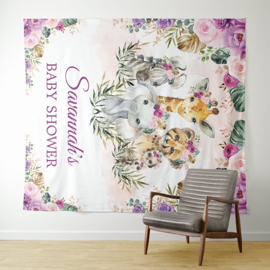Tropisch Oerwoud Bloemen Wilde Dieren Baby shower Wandkleed (In Situ (horizontaal))