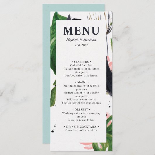 Tropisch oerwoud botanische elegante trendy bruilo menu (Voorkant / Achterkant)