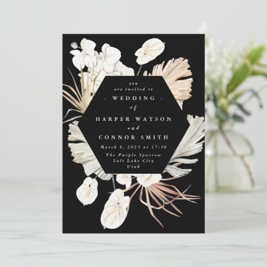 Tropisch Oerwoud bruiloft met zwarte gedroogde gra Kaart (Staand voorkant)