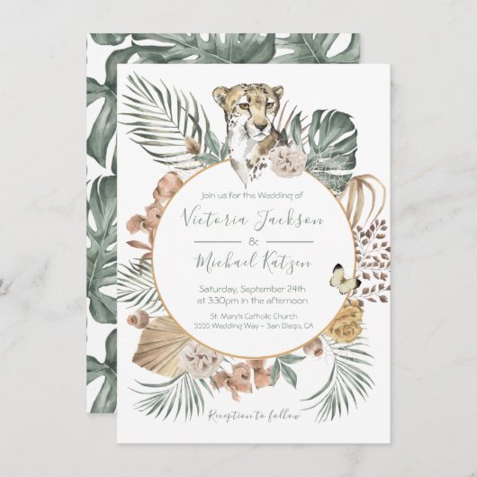 Tropisch Oerwoud Cheetah Palm Wreath Wedding Kaart (Voorkant / Achterkant)