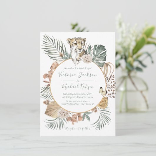Tropisch Oerwoud Cheetah Palm Wreath Wedding Kaart (Staand voorkant)