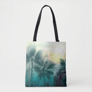 Tropisch oerwoud landschap met palmbomen en blader tote bag