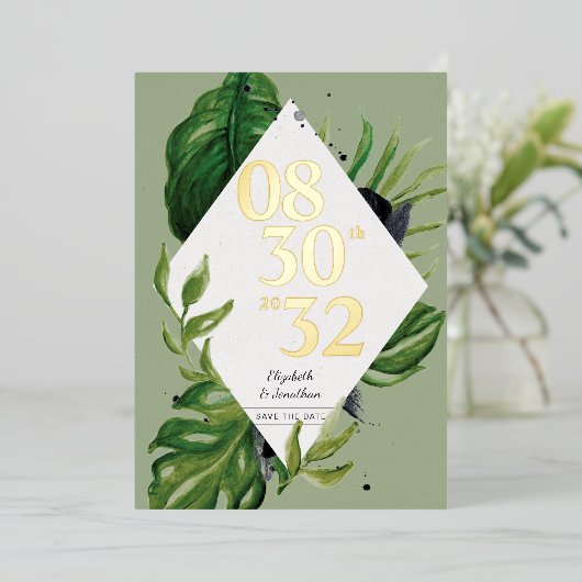 Tropisch oerwoud leaft modern groen op datum folie uitnodiging (Staand Voorkant)