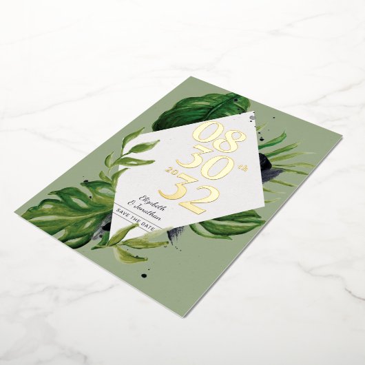 Tropisch oerwoud leaft modern groen op datum folie uitnodiging (Gedraaid)