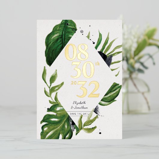 Tropisch oerwoud leaft modern wit, behalve de datu folie uitnodiging (Staand Voorkant)