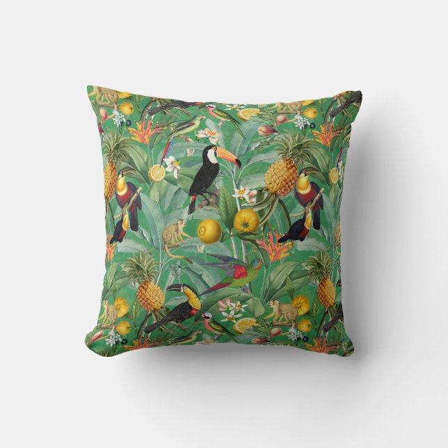 Tropisch Oerwoud met Toucan Birds en Flowers Thro Kussen (Voorkant)