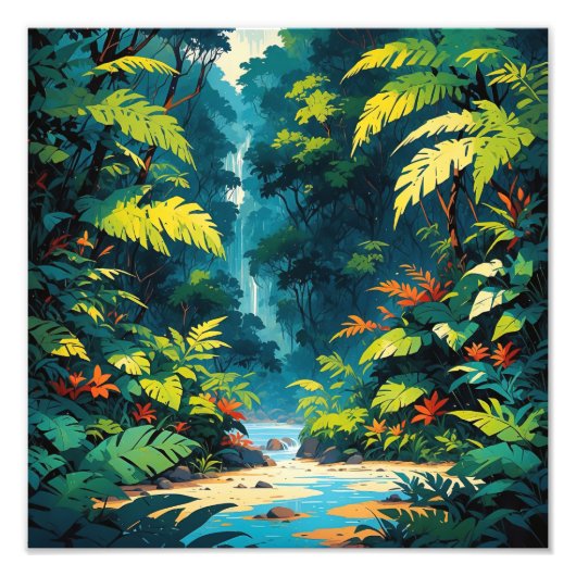 Tropisch Oerwoud Paradise Lush Waterfall Landscape Foto Afdruk (Voorkant)