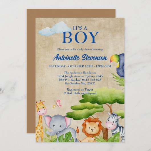 Tropisch Oerwoud Safari Animals Baby Boy Shower Kaart (Voorkant / Achterkant)