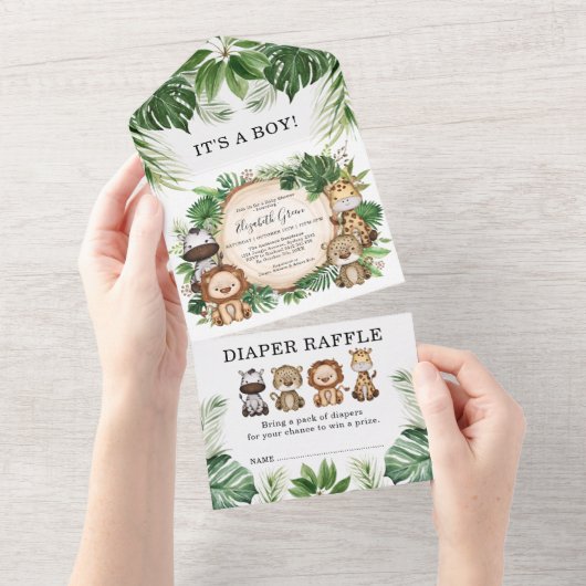 Tropisch Oerwoud Safari Animals Boy Baby shower All In One Uitnodiging (Afscheurbaar)