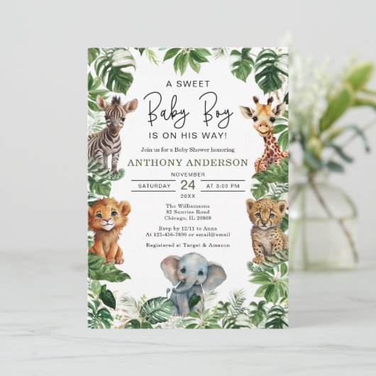 Tropisch Oerwoud Safari Animals Boy Baby shower Kaart (Staand voorkant)