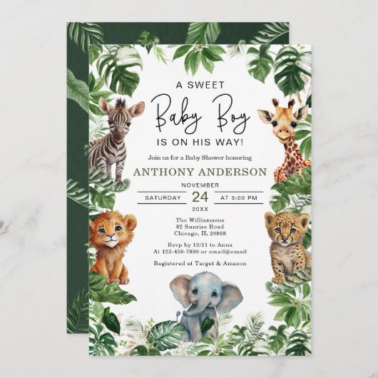 Tropisch Oerwoud Safari Animals Boy Baby shower Kaart (Voorkant / Achterkant)