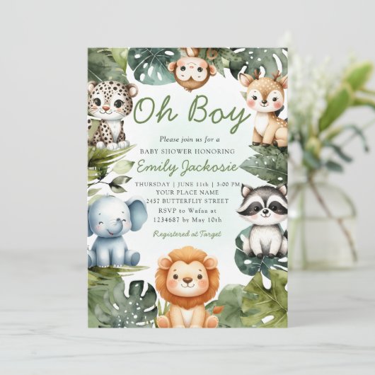 Tropisch Oerwoud Safari Animals Boy Baby shower Kaart (Staand voorkant)
