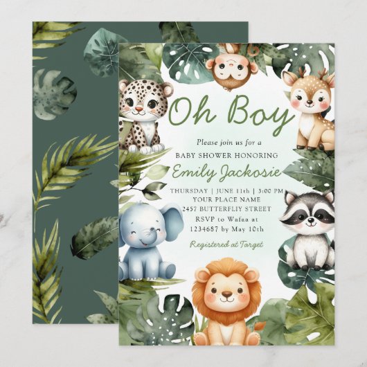 Tropisch Oerwoud Safari Animals Boy Baby shower Kaart (Voorkant / Achterkant)