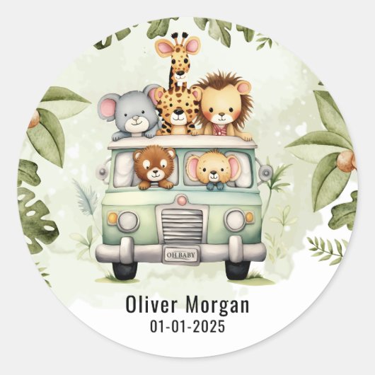 Tropisch Oerwoud Safari Animals Boy Baby shower Ronde Sticker (Voorkant)