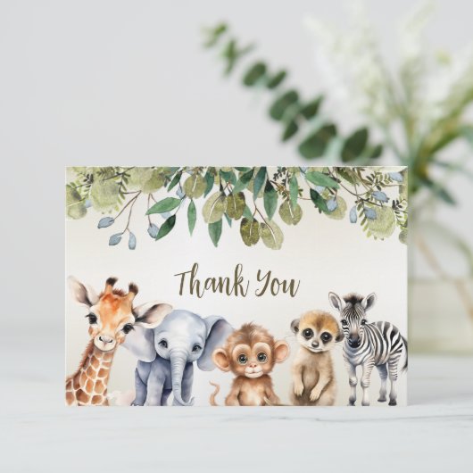 Tropisch Oerwoud Safari Animals Green Leaves Party Bedankkaart (Staand voorkant)