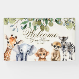 Tropisch Oerwoud Safari Animals Green Leaves Party Spandoek