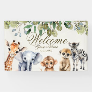 Tropisch Oerwoud Safari Animals Green Leaves Party Spandoek