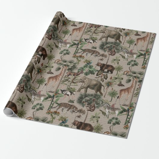 Tropisch Oerwoud Safari Animals Patroon Cadeaupapier (Uitgerold)