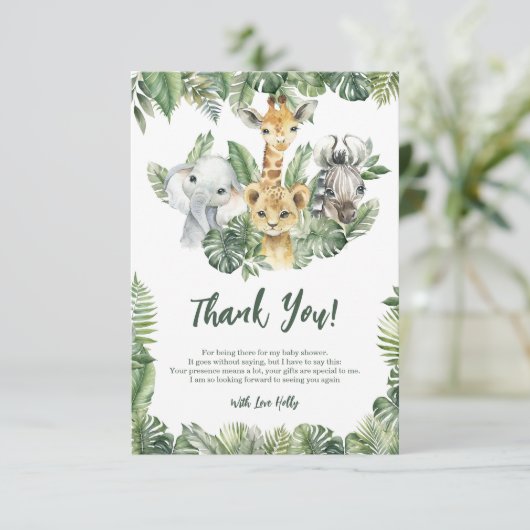 Tropisch Oerwoud Safari Baby Olifant Giraffe Zebra Bedankkaart (Staand voorkant)
