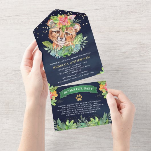 Tropisch Oerwoud Safari Cheetah Navy Baby shower All In One Uitnodiging (Afscheurbaar)