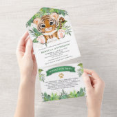 Tropisch Oerwoud Safari Cute Tiger Baby shower All In One Uitnodiging (Afscheurbaar)