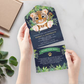 Tropisch Oerwoud Safari Cute Tiger Navy Baby showe All In One Uitnodiging