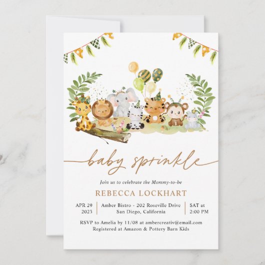 Tropisch Oerwoud Safari Dieren Baby Sprinkle Kaart (Voorkant)