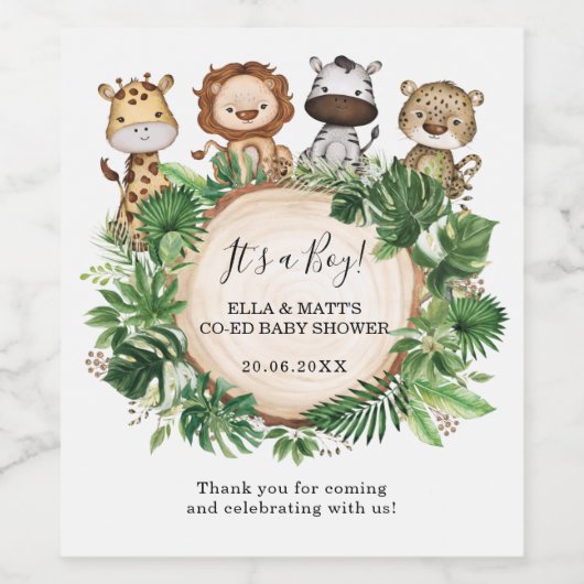 Tropisch Oerwoud Safari Dieren Co-ed Baby shower Wijn Etiket (Enkel label)