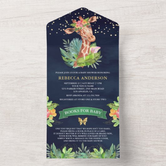 Tropisch Oerwoud Safari Giraffe Navy Baby shower All In One Uitnodiging (Binnen)