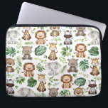 Tropisch Oerwoud Safari Wilde dieren Laptop Sleeve<br><div class="desc">Schattig oerwoud-thema laptop sleeve met leuke safari dieren en waterverf tropische bladeren</div>